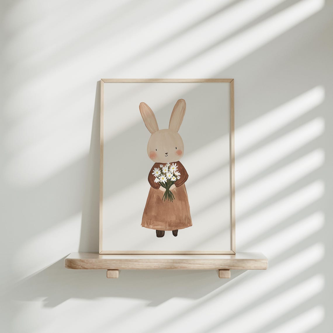 Cute Beige Bunny Girl With Daisies in Oval Frame Nursery Art Poster - Image 3