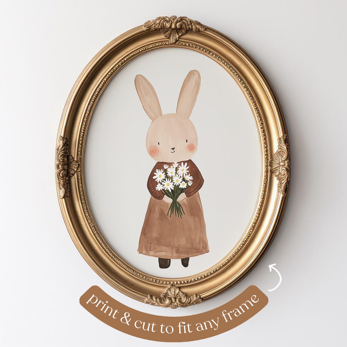 Cute Beige Bunny Girl With Daisies in Oval Frame Nursery Art Poster