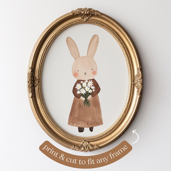 Cute Beige Bunny Girl With Daisies in Oval Frame Nursery Art Poster