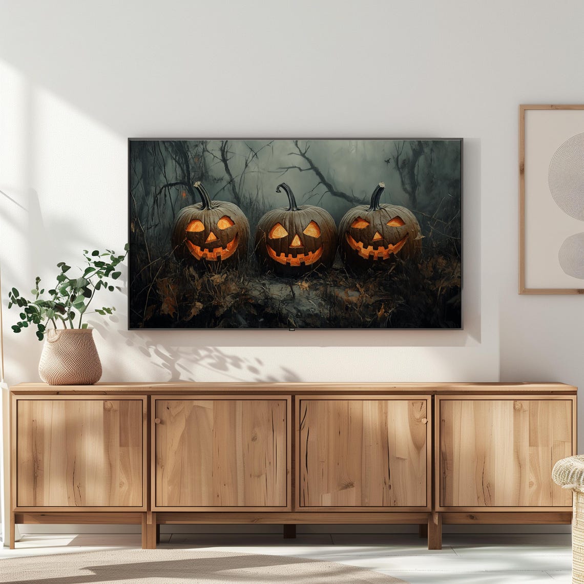 Three Glowing Jack O Lanterns in Misty Dark Forest Halloween Poster - Image 3