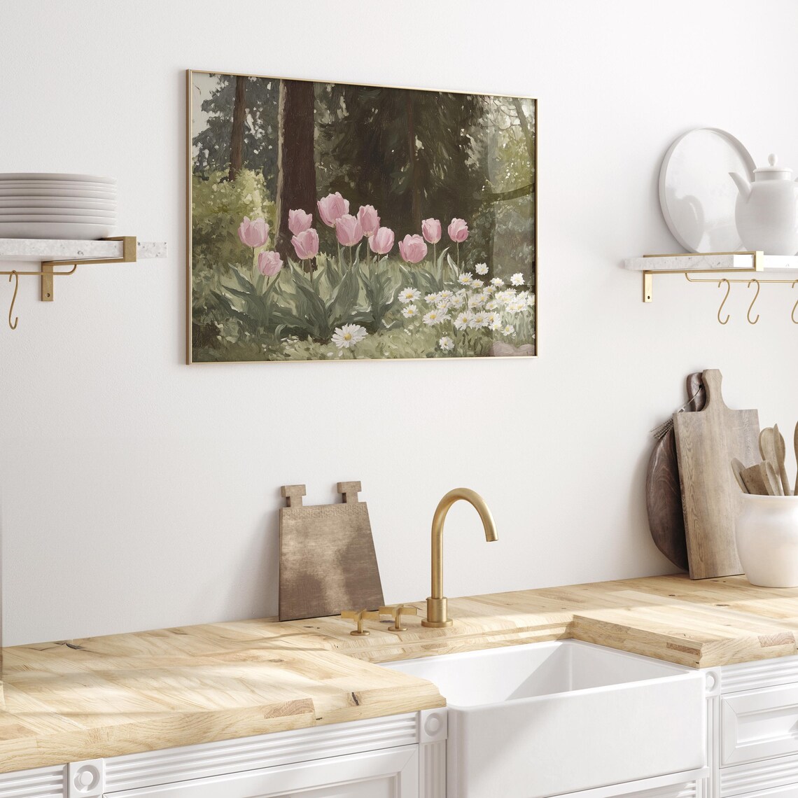 Pink Tulips and Daisies Blooming in Lush Spring Garden Art Poster - Image 3