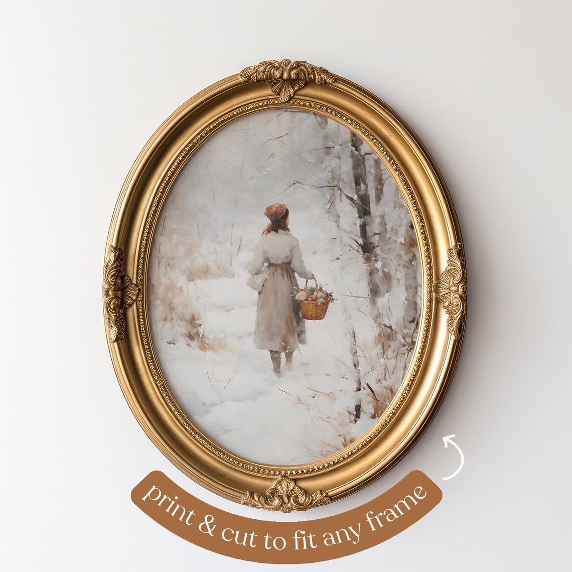Woman With Basket Walking Snowy Birch Forest Winter Painting Poster - Image 3