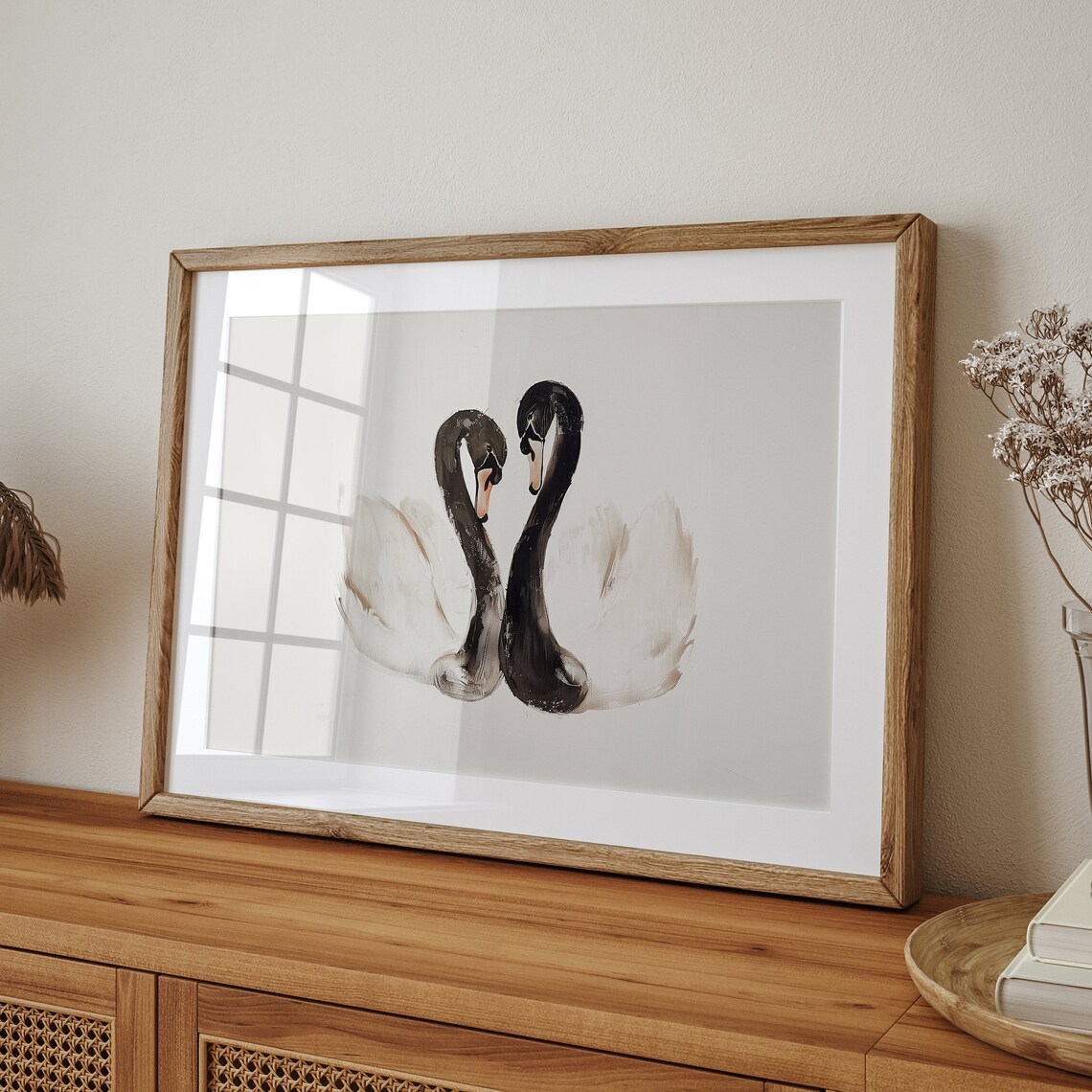 Two Black Swans Heart Necks Gentle Monochrome Minimalist Art Print - Image 2