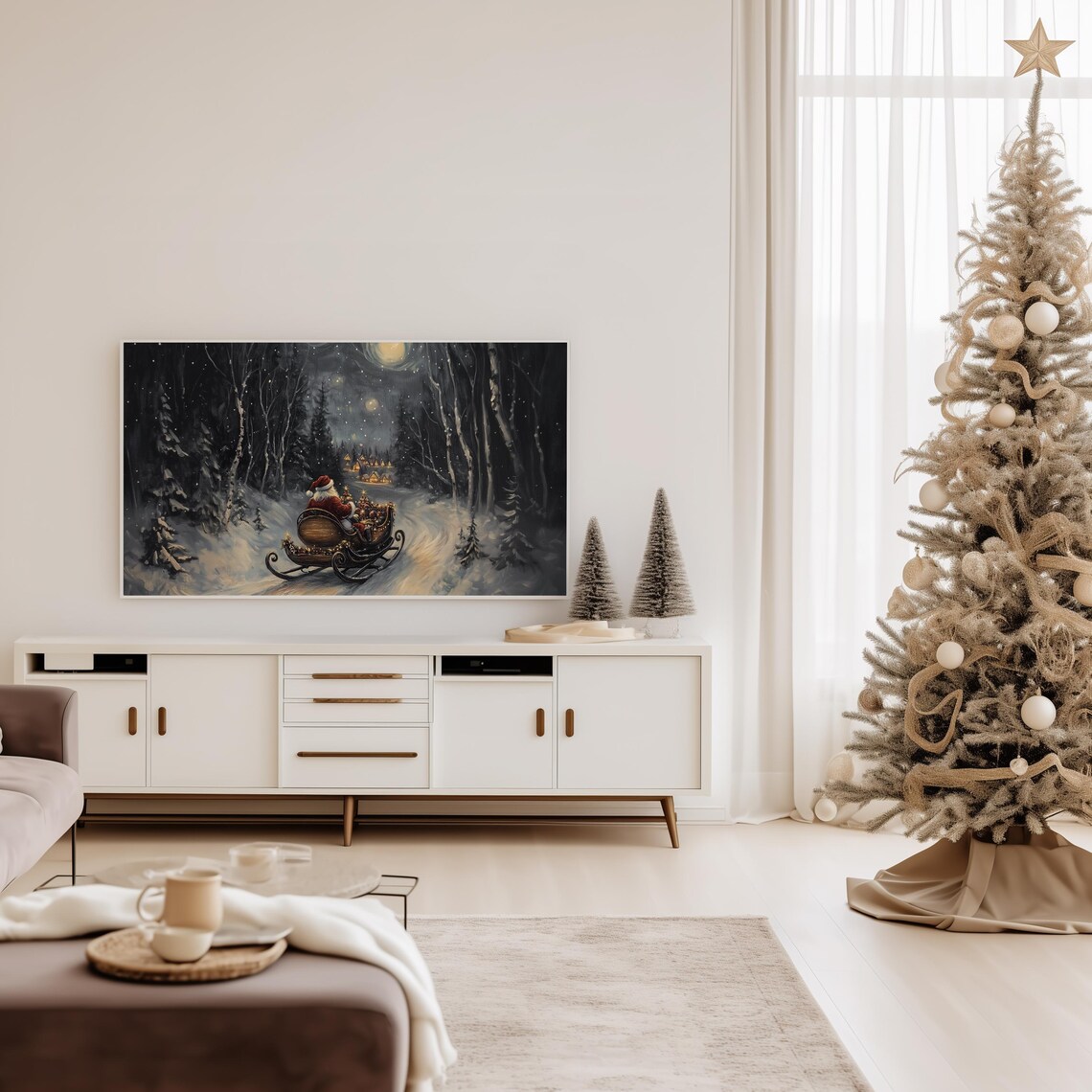 Santa Claus Sleigh Ride Through Snowy Night Forest Frame TV Poster - Image 3