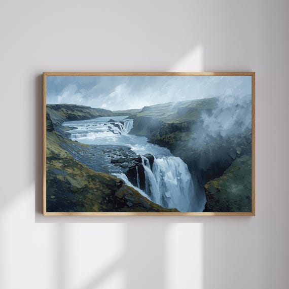 Waterfall Oil Painting Landscape Horizontal Nature Wall Art Scenic River Cliffs