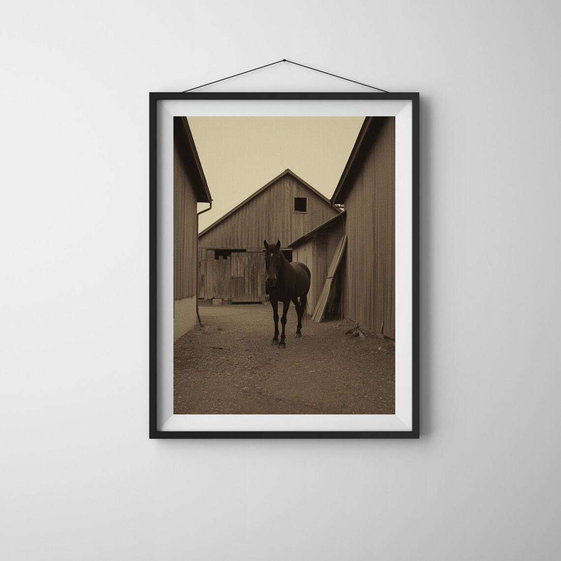 Vintage Sepia Horse Between Barns Rustic Farm Photography Print