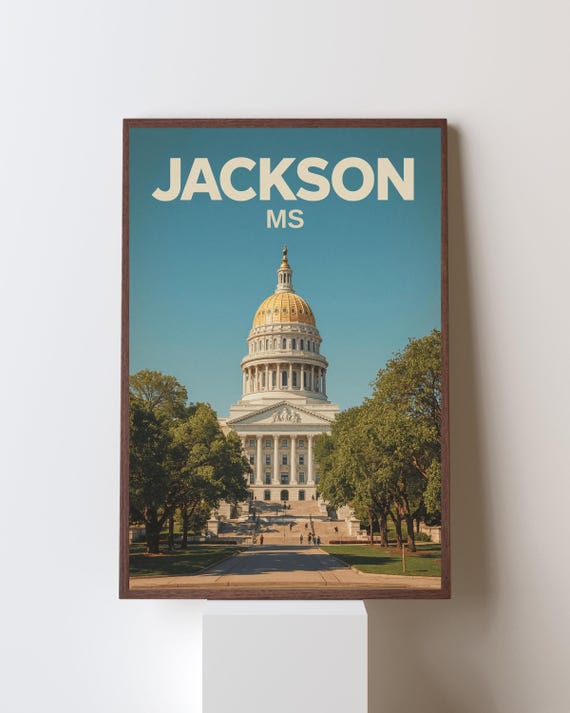 Jackson Mississippi Golden Dome Capitol Vintage Retro Travel Poster