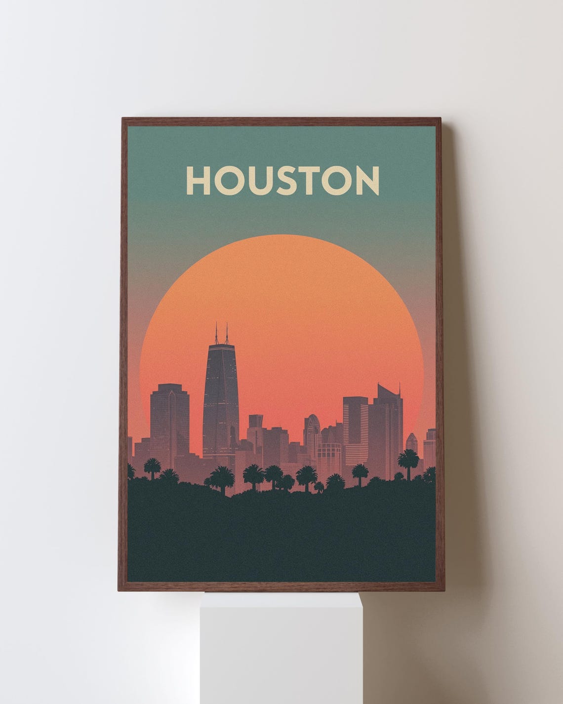 Houston Texas Retro Sunset Skyline Silhouette Midcentury Poster