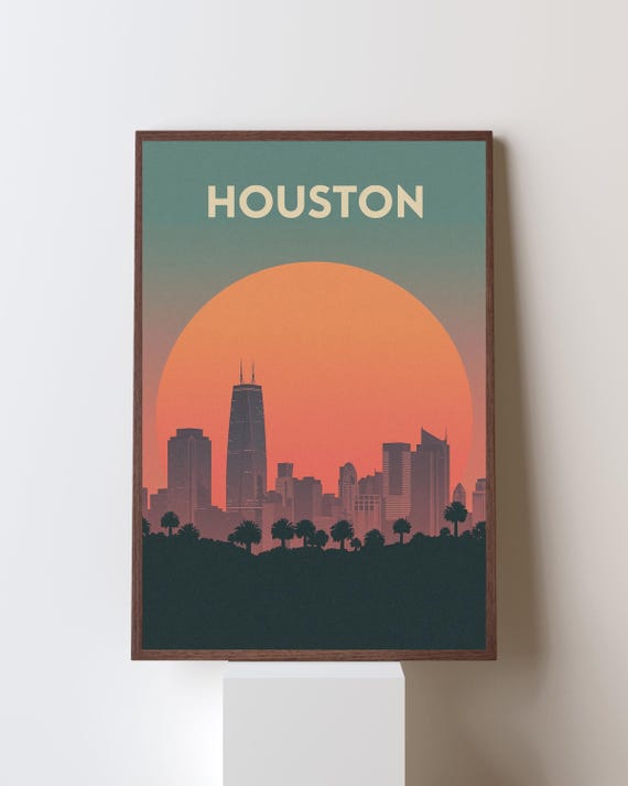 Houston Texas Retro Sunset Skyline Silhouette Midcentury Poster
