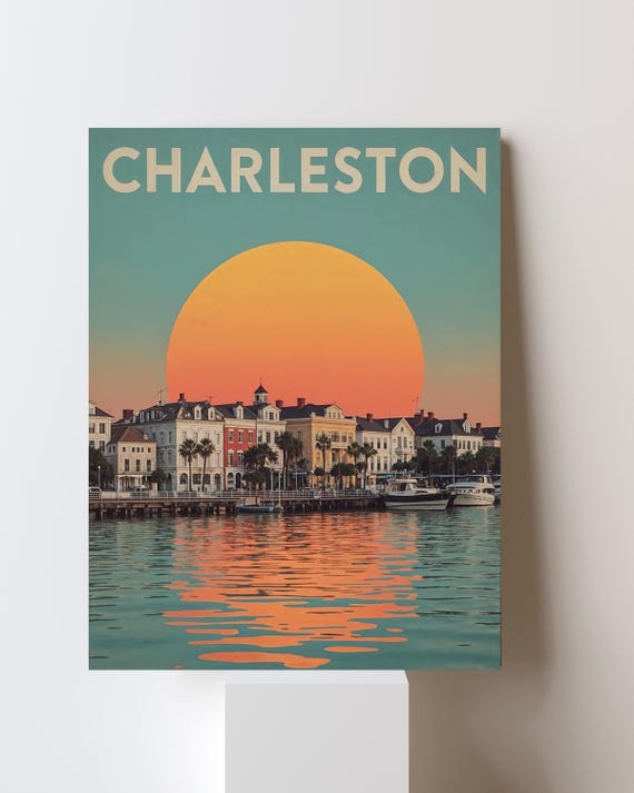 Charleston Historic Waterfront Sunset Retro Harbor Travel Poster
