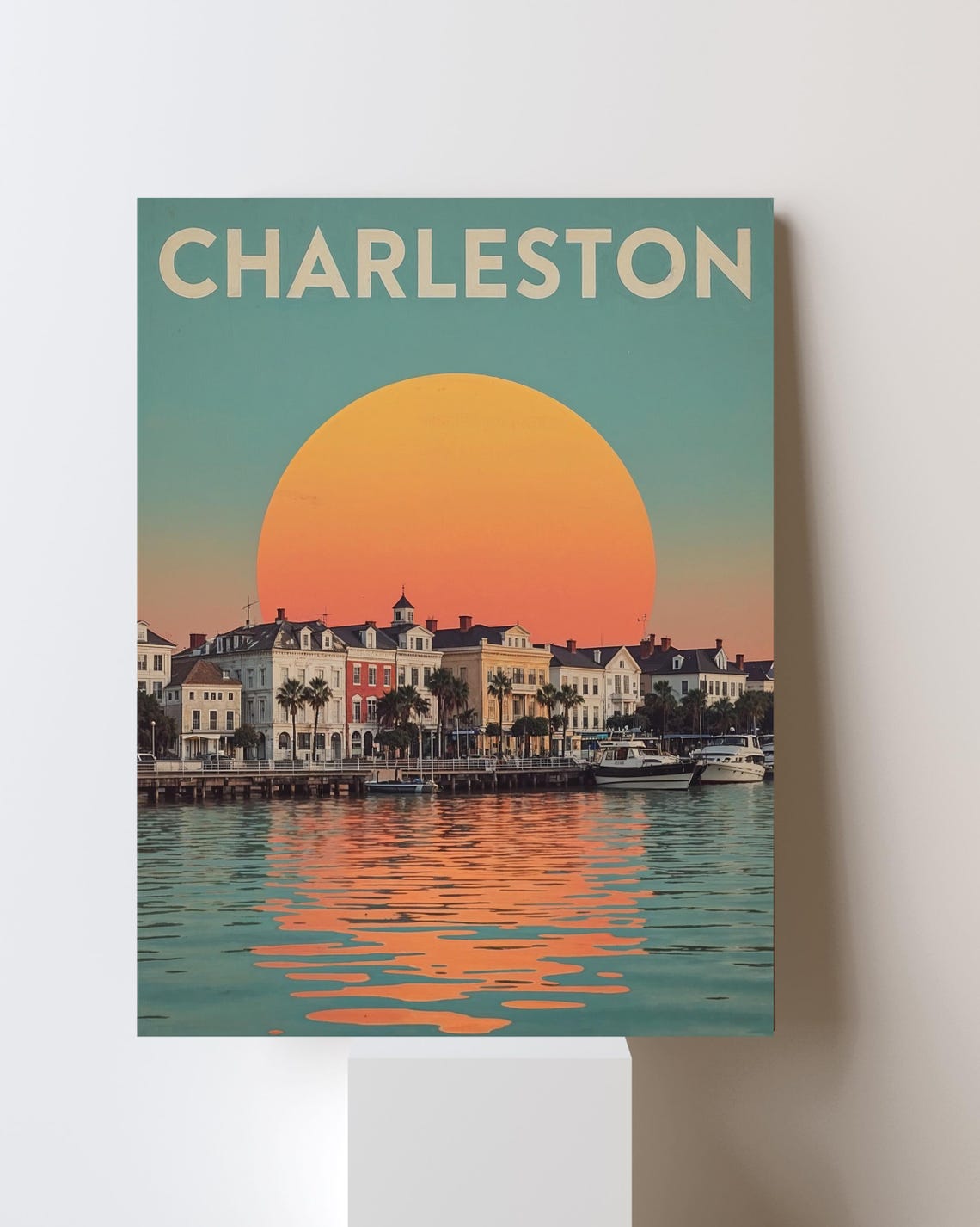 Charleston Historic Waterfront Sunset Retro Harbor Travel Poster