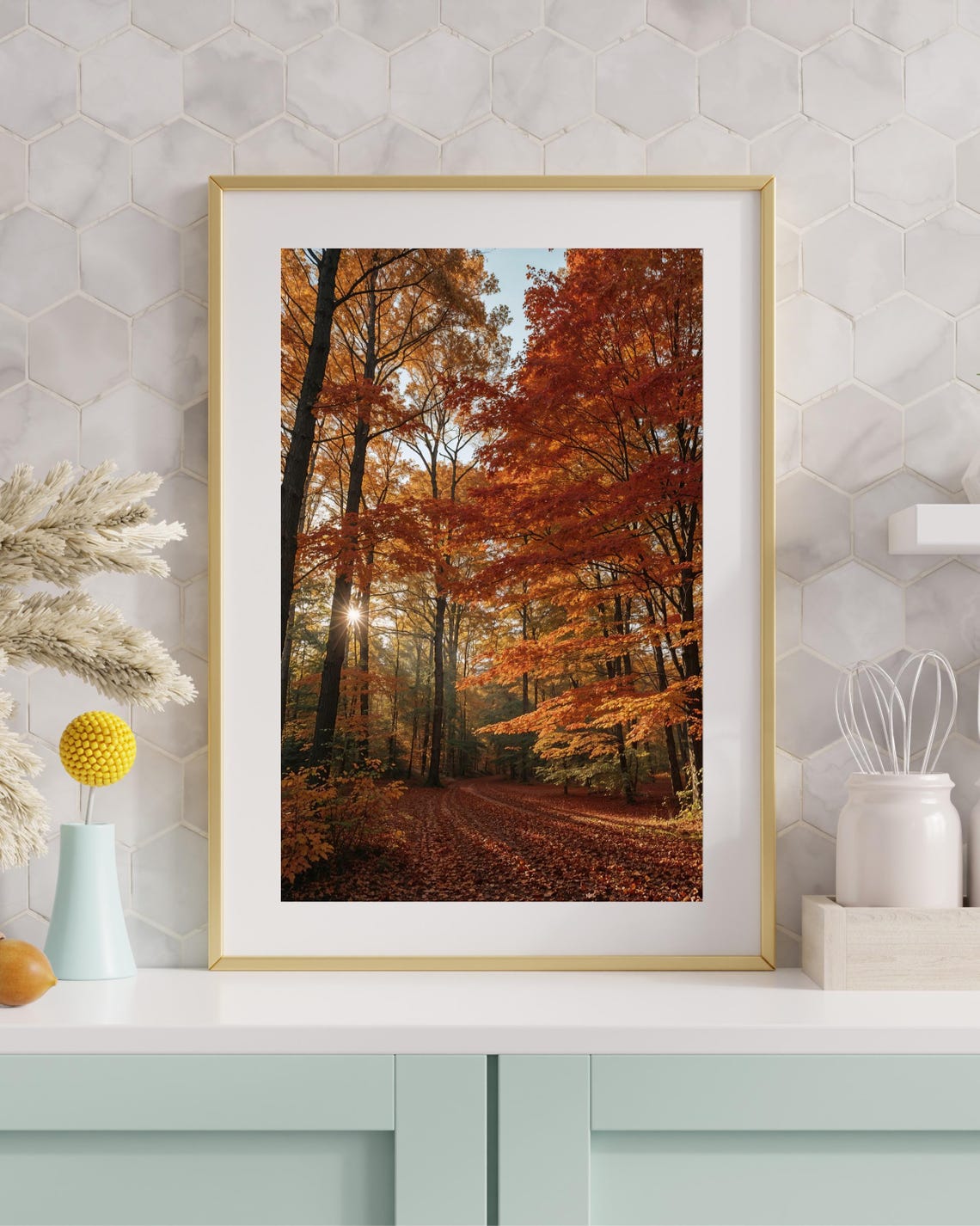 Autumn Forest Road Sunlit Orange Trees Fall Landscape Photo Poster