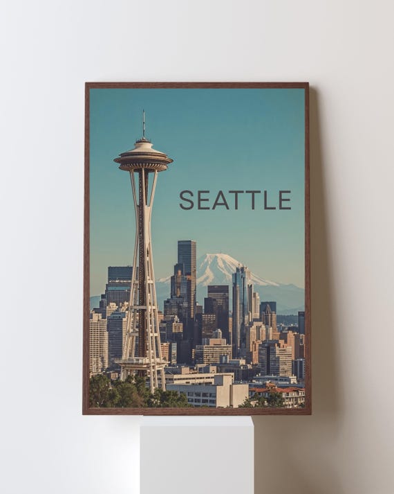 Seattle Space Needle Skyline and Snowy Mountain View Scene Poster