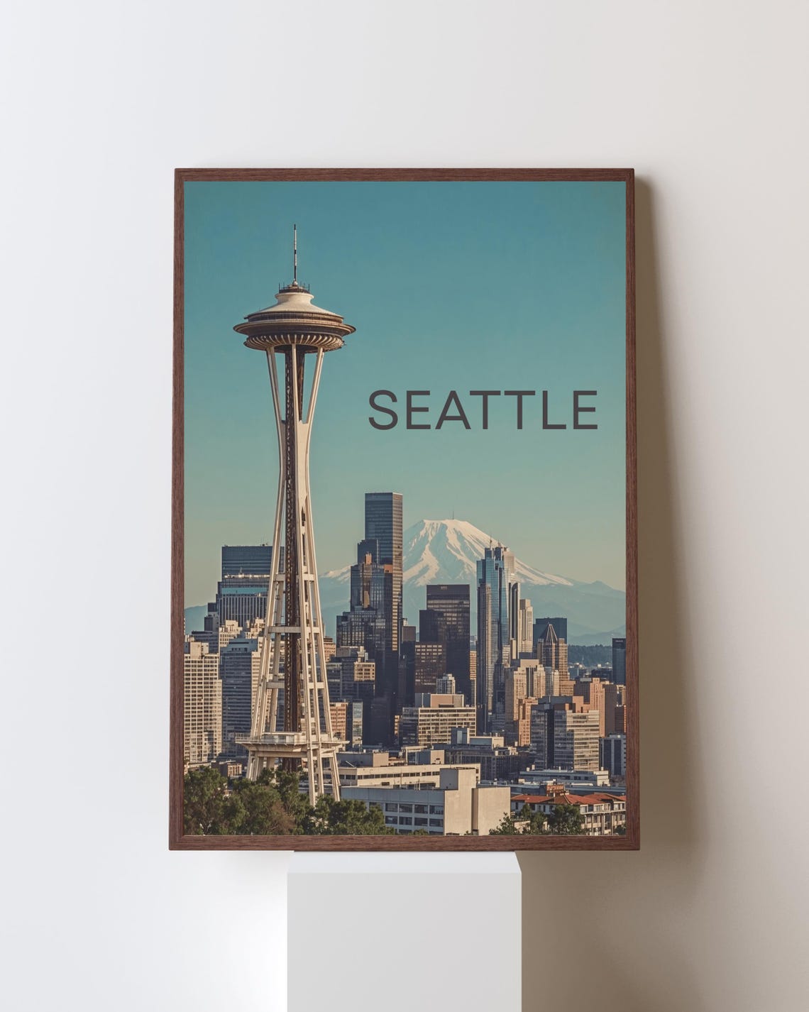 Seattle Space Needle Skyline and Snowy Mountain View Scene Poster