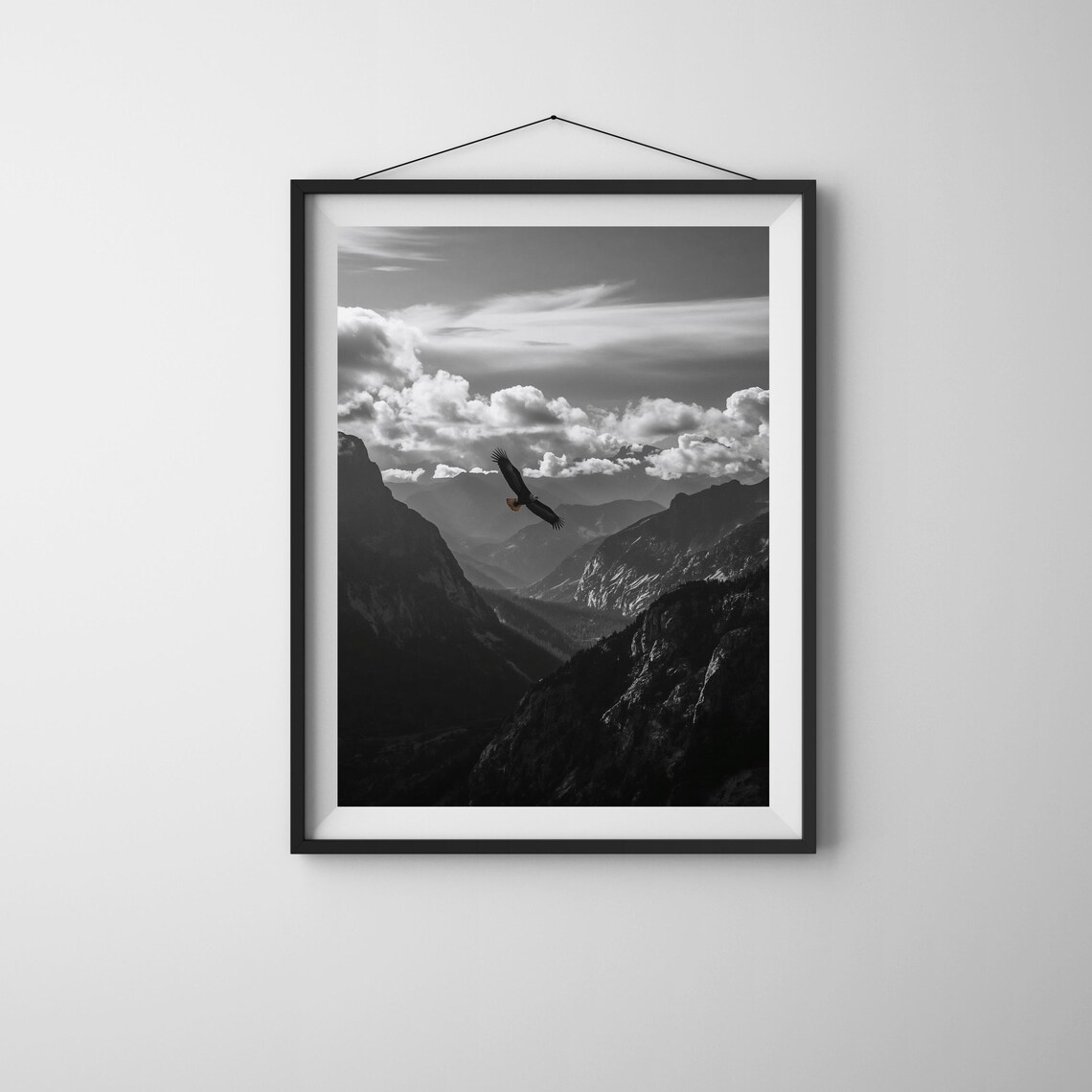 Eagle Soaring Over Mountain Valley Dramatic Black and White Photo Poster