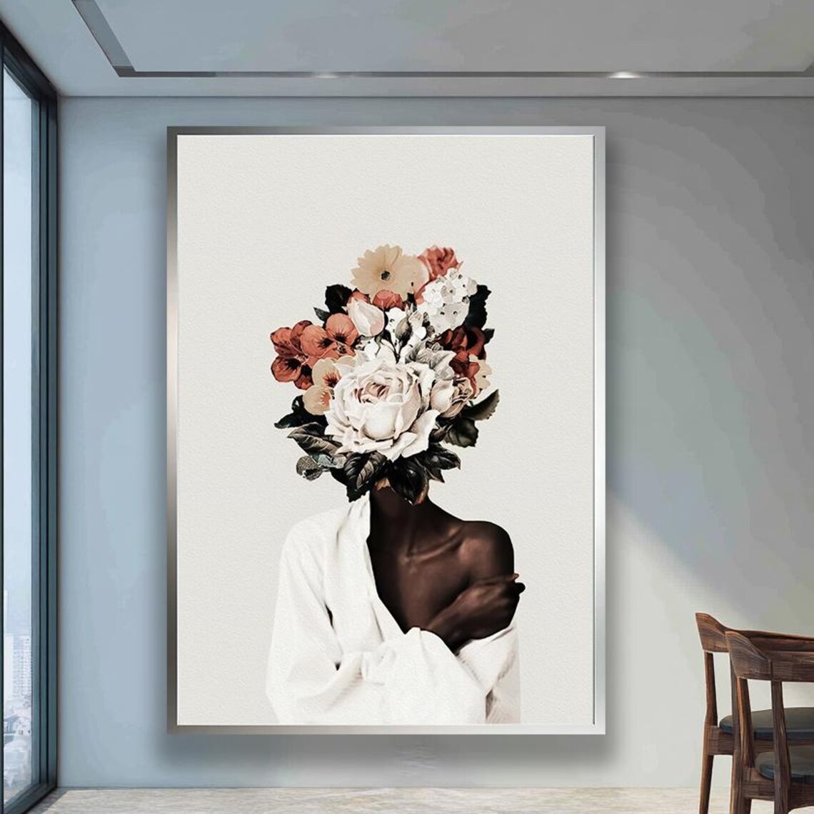 Floral Woman Portrait Print Modern Abstract Wall Art Botanical Decor