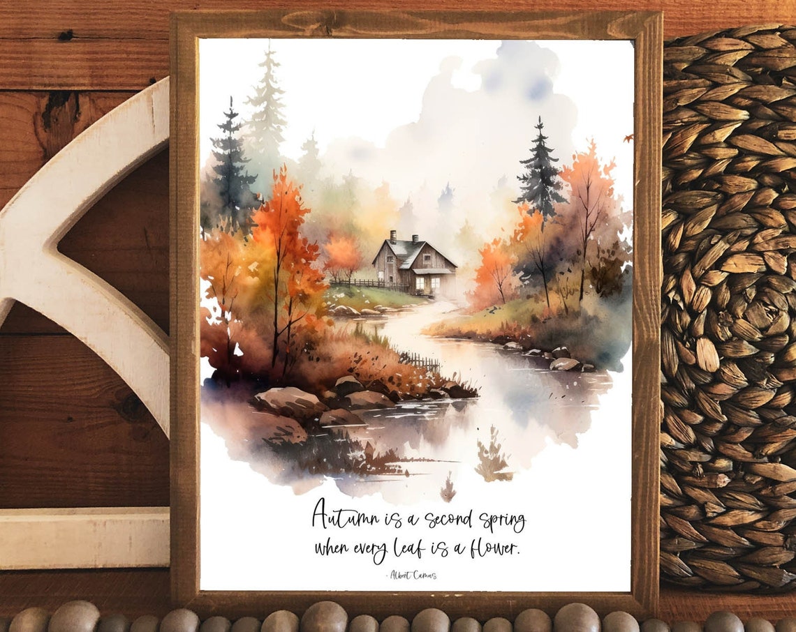 Autumn Is A Second Spring Camus Quote Cabin Watercolor Poster - Image 2