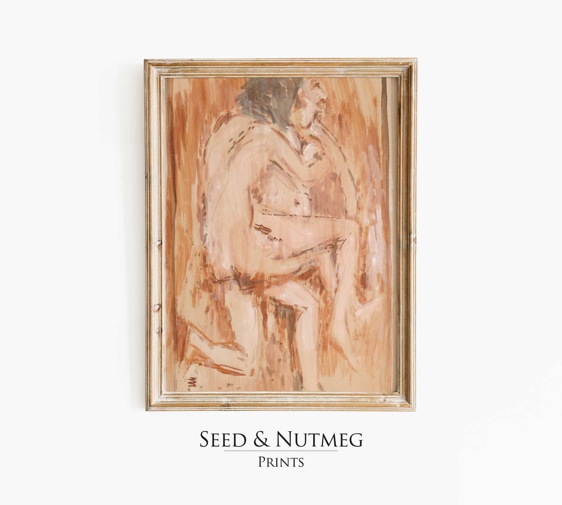 Embracing Couple Warm Brown Wash Expressive Figure Art Print