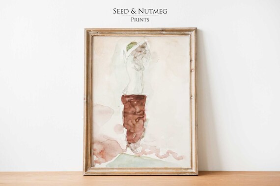 Standing Nude Woman Dressing Minimalist Watercolor Sketch Art Print
