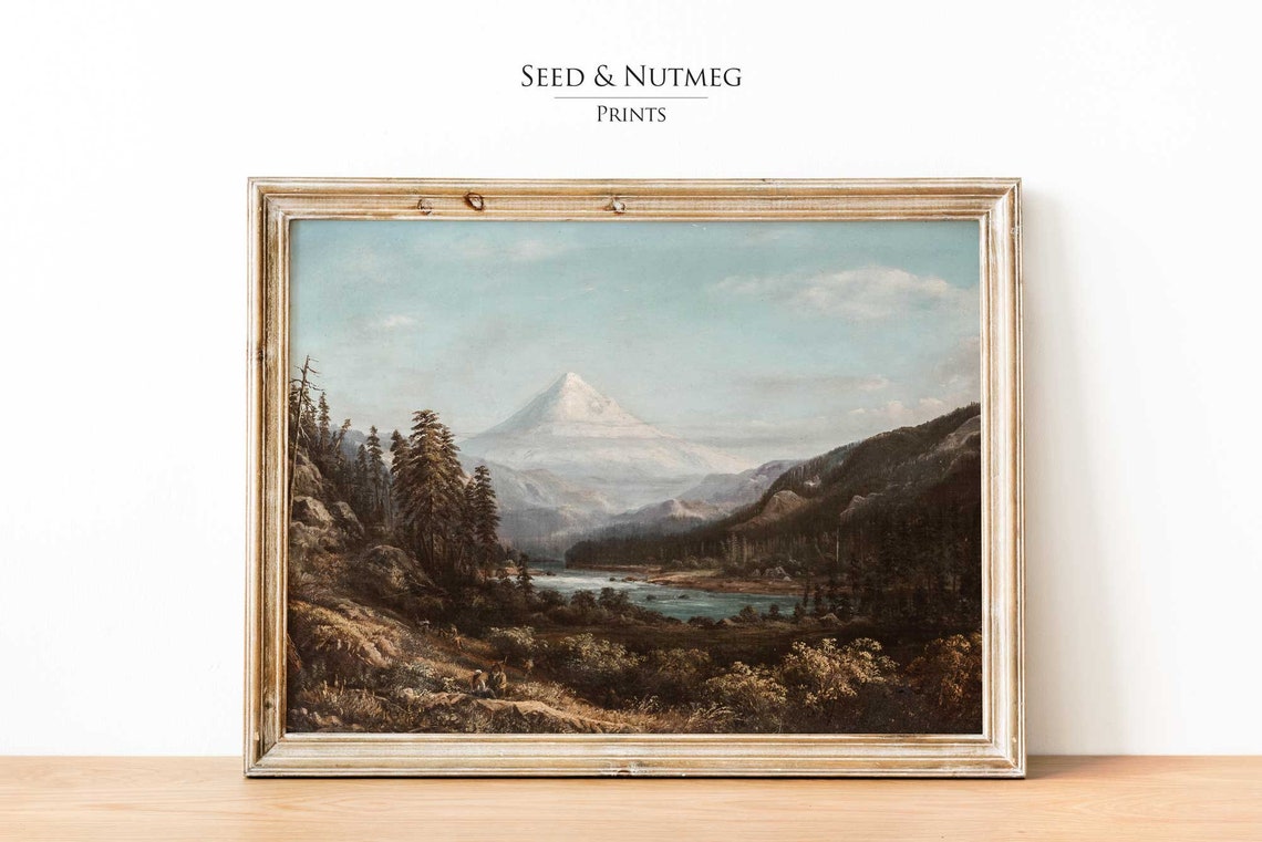 Snow Capped Peak Lake and Pine Forest Vintage Mountain Poster