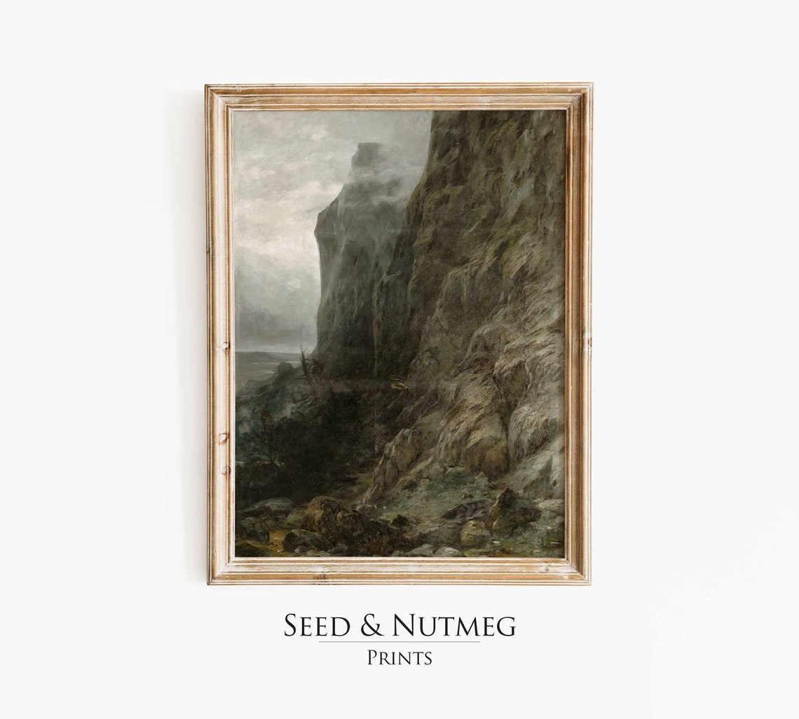Misty Grey Rocky Mountain Cliff Dramatic Vintage Landscape Poster