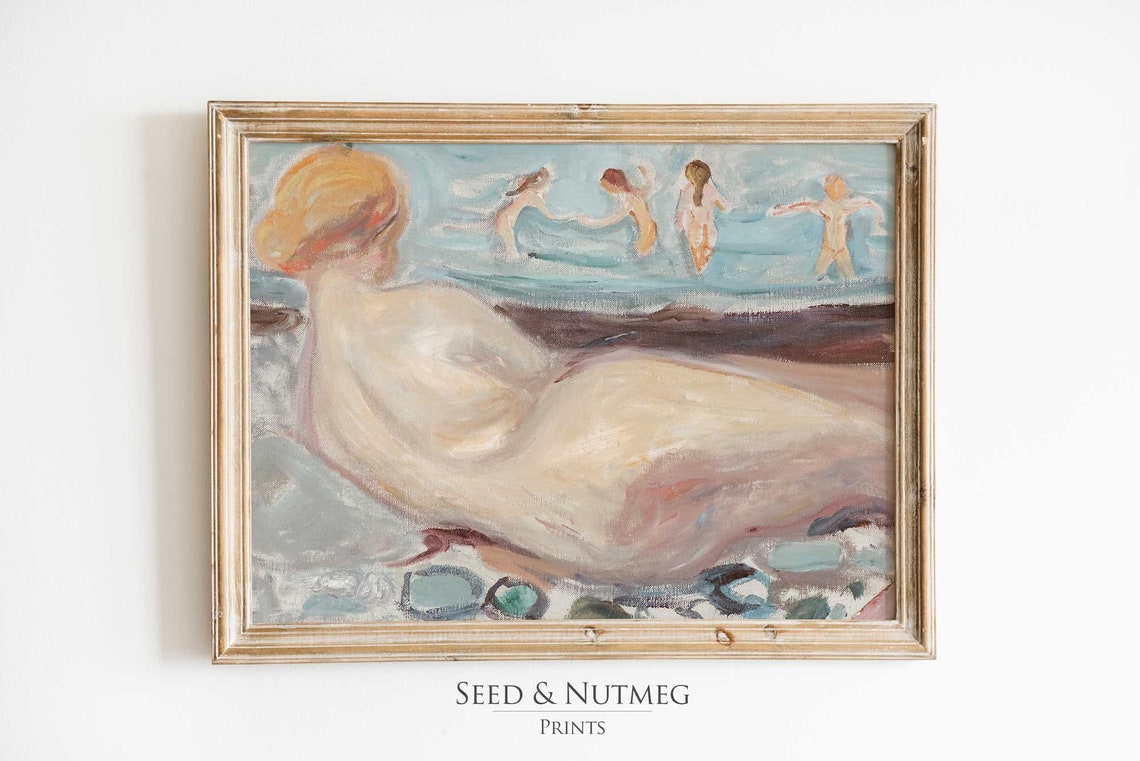 Reclining Nude Bathers Beach Vintage Modernist Figure Poster