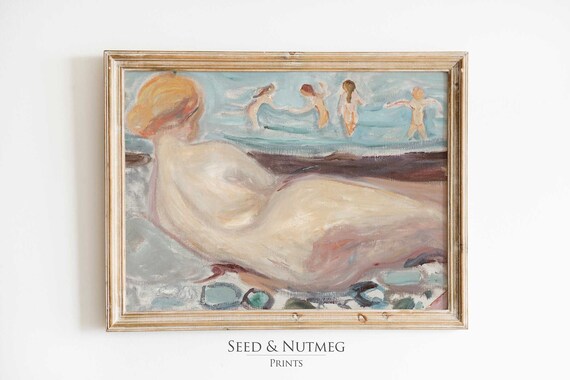 Reclining Nude Bathers Beach Vintage Modernist Figure Poster