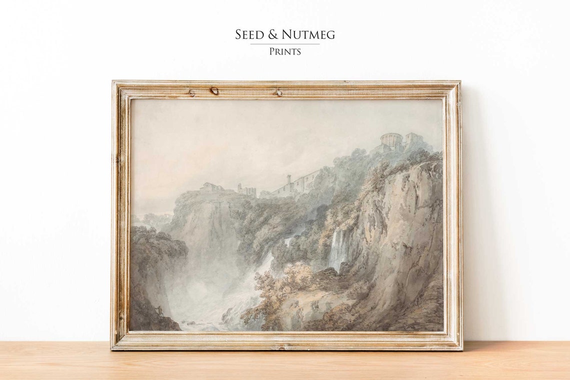 Waterfall Cliffside Village Muted Vintage Sketch Landscape Art Poster