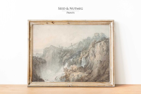 Rustic Waterfall Cliffside Town Sketch Minimalist Wall Art Vintage Muted Neutral Wall Decor Wall Art 136