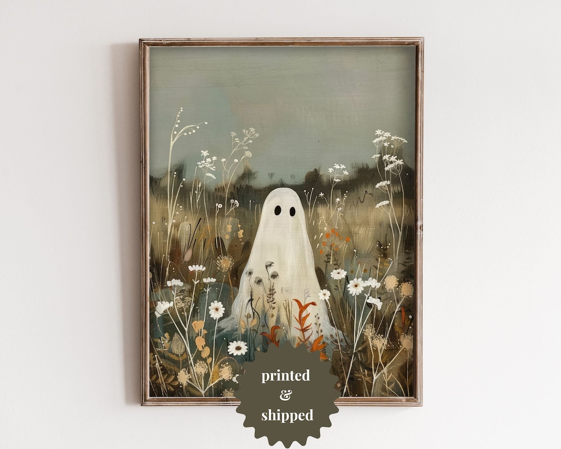 Cute Ghost Wildflower Meadow Halloween Vintage Painting Art Poster