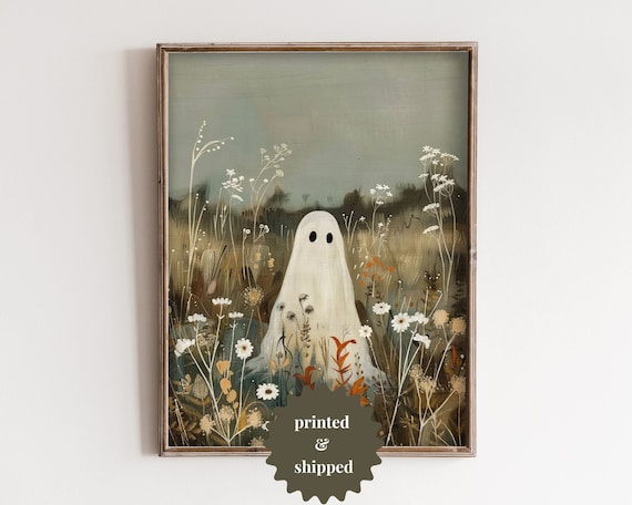 Cute Ghost Wildflower Meadow Halloween Vintage Painting Art Poster