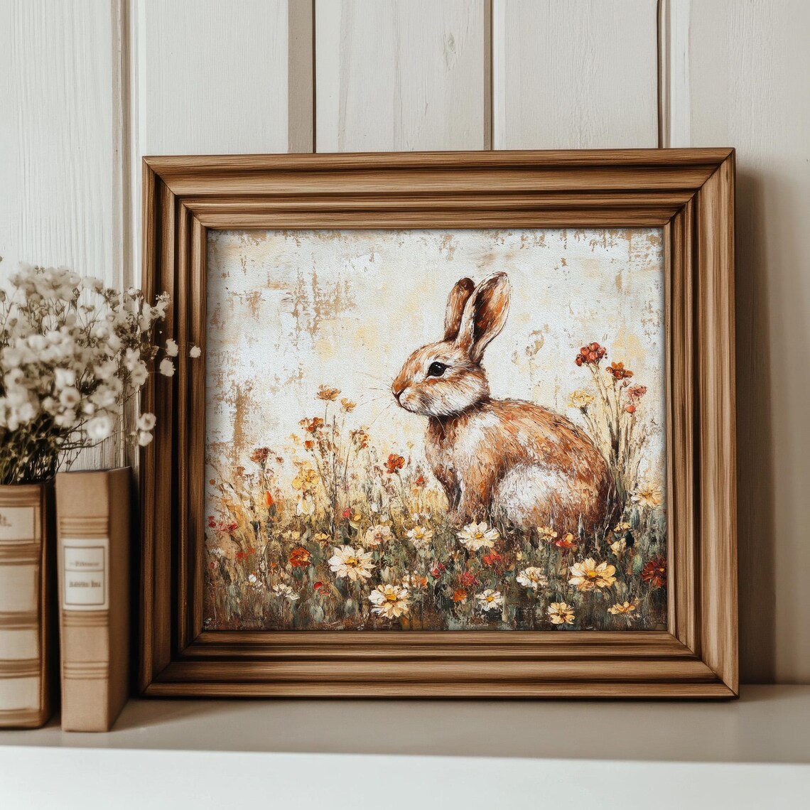 Rabbit On Flower Meadow, Vintage Cottage Decor