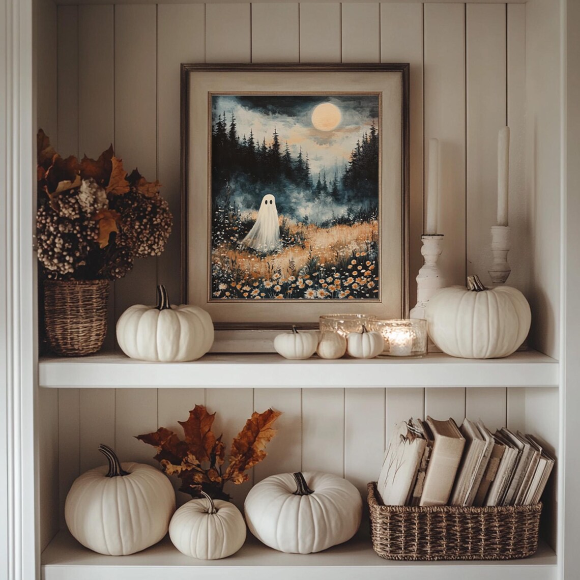 Whimsical Ghost On Flower Meadow, Halloween Art Print - Image 2