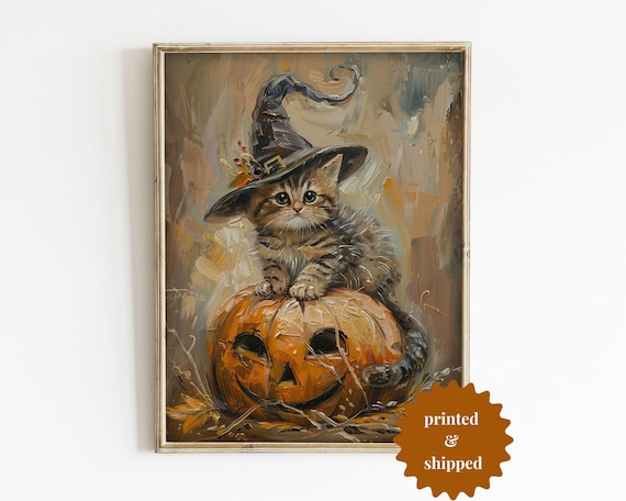 Tabby Kitten in a Witch Hat on a Jack-O-Lantern Halloween Poster