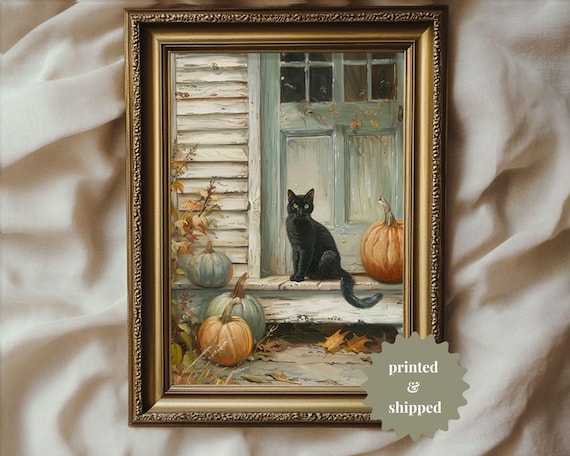 Black Cat Pumpkins Porch Autumn Halloween Painting Art Poster