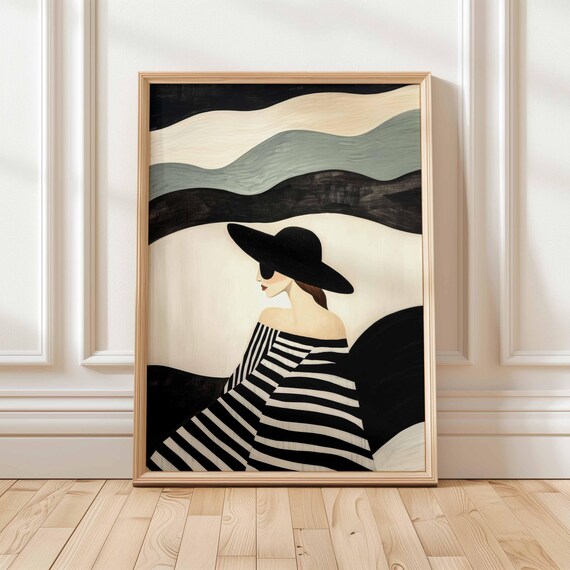 Stylish Woman in Striped Dress and Hat Coastal Waves Art Poster