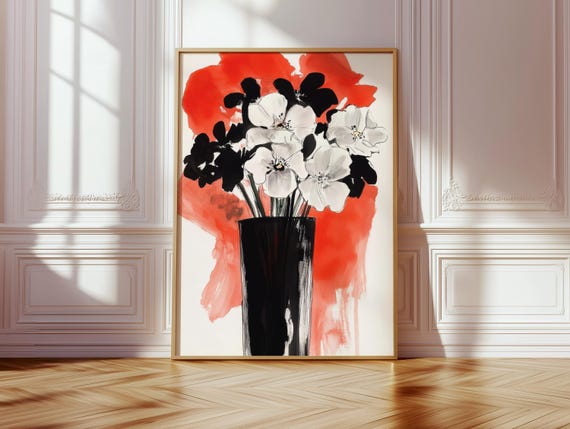 Bold Black And White Floral Bouquet Red Accent Botanical Art Print Modern Expressive Wall Art