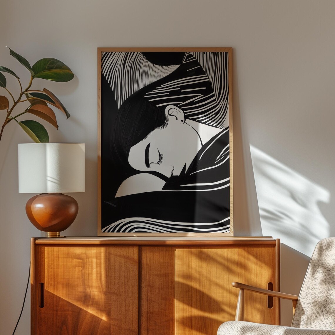Monochrome Woman Resting Chin On Hand Striped Headscarf Poster - Image 3