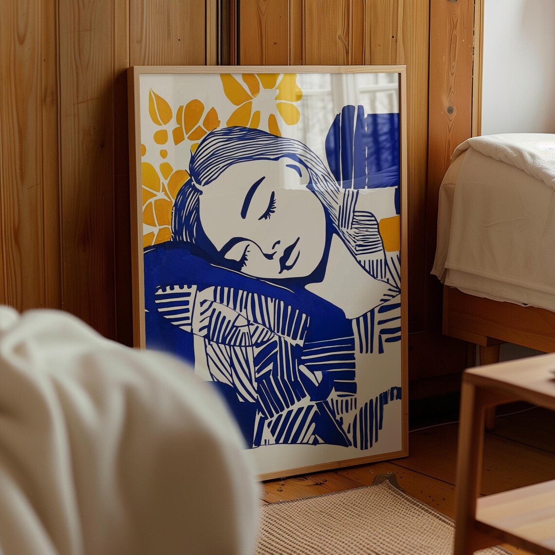 Reclining Woman in Blue Pattern With Sun and Leaves Art Poster - Image 2