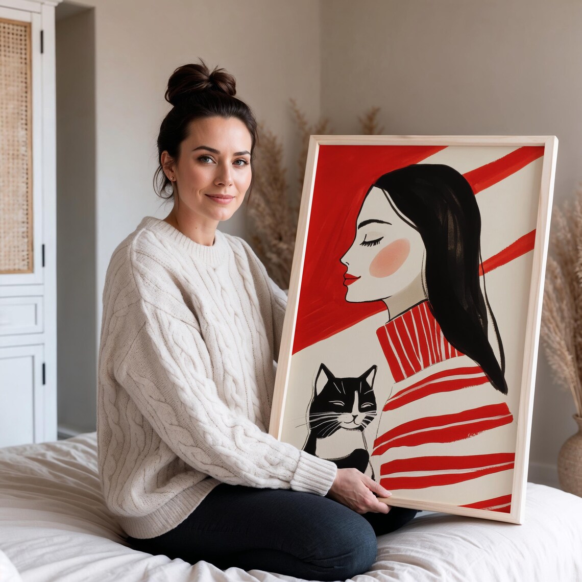 Woman With Black Cat in Red Striped Turtleneck Minimalist Poster - Image 2