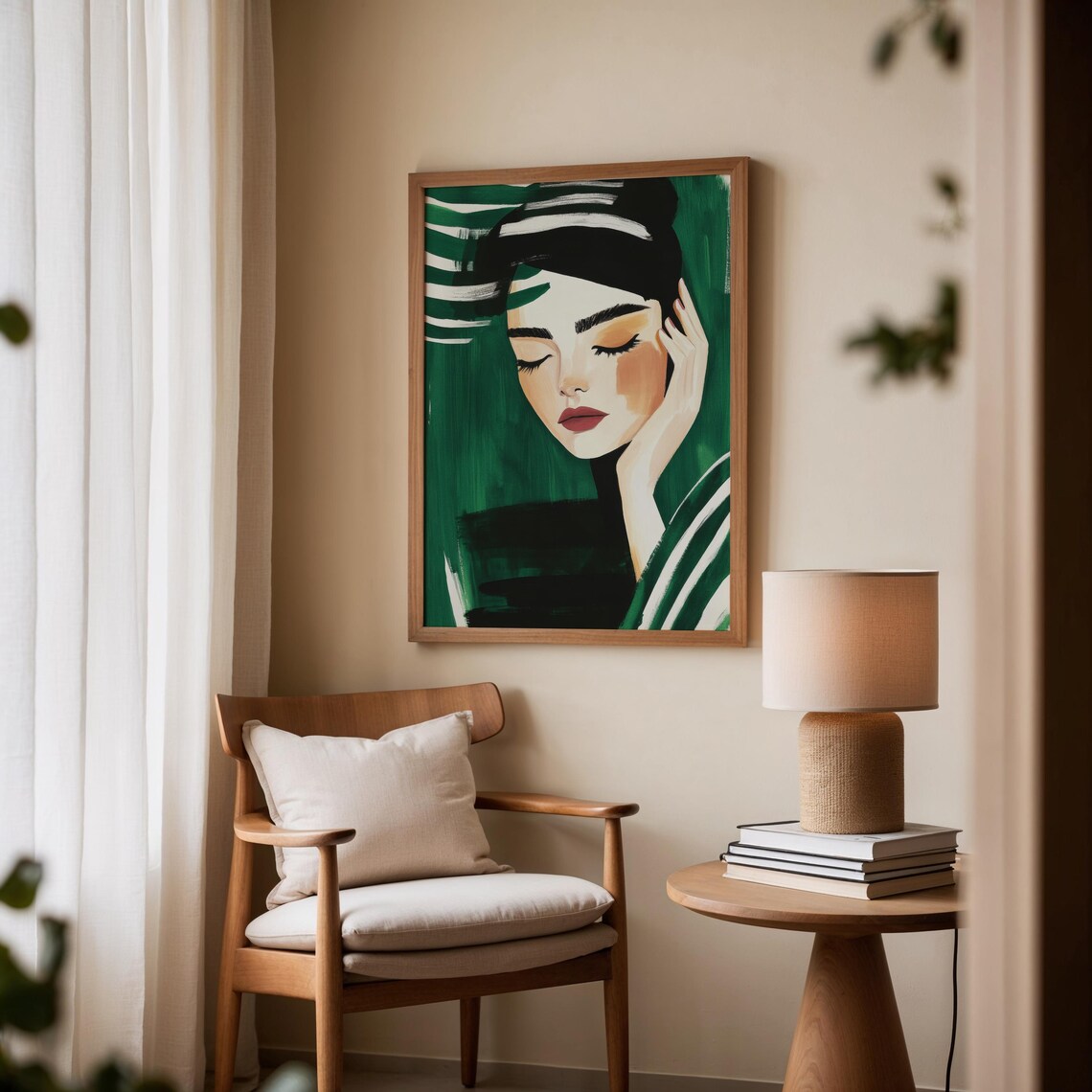 Emerald Green Striped Woman Portrait Modern Minimalist Poster - Image 2