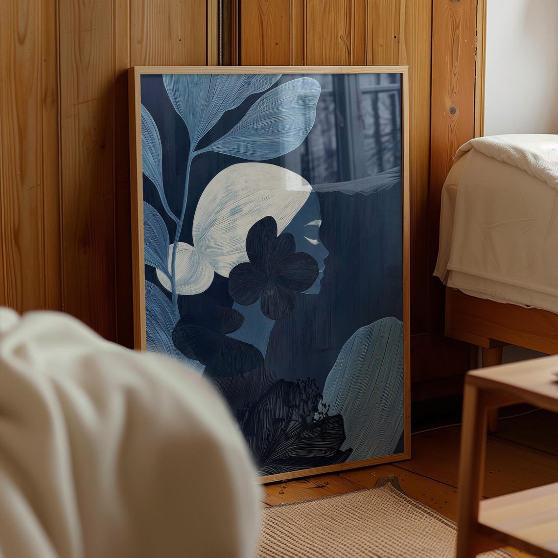 Moody Abstract Portrait Of Woman Delicate Blue Tones Feminine Botanical Artwork Dreamlike Art For Elegant Interiors - Image 2