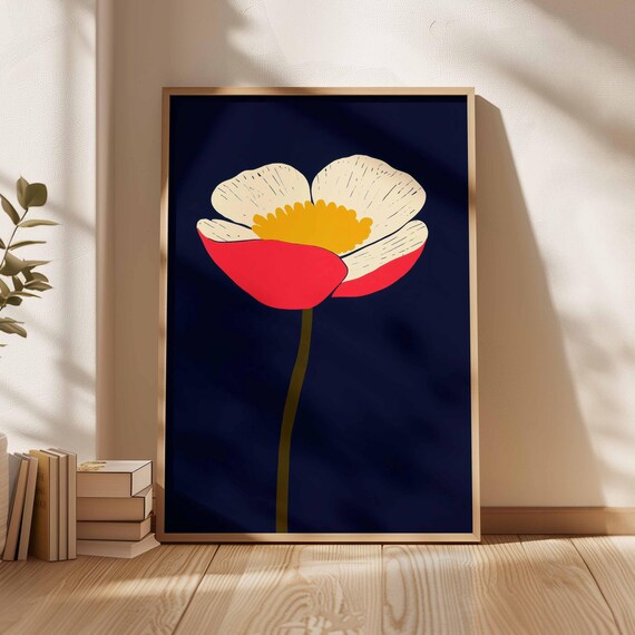 Vibrant Modern Flower Illustration With Navy Blue Background Bold Botanical Art Joyful Floral Wall Decor