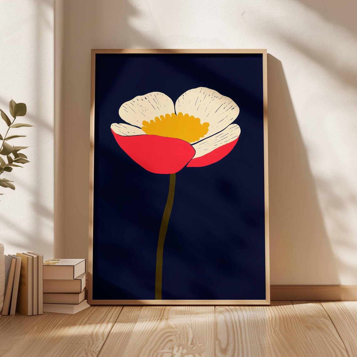 Vibrant Modern Flower Illustration With Navy Blue Background Bold Botanical Art Joyful Floral Wall Decor