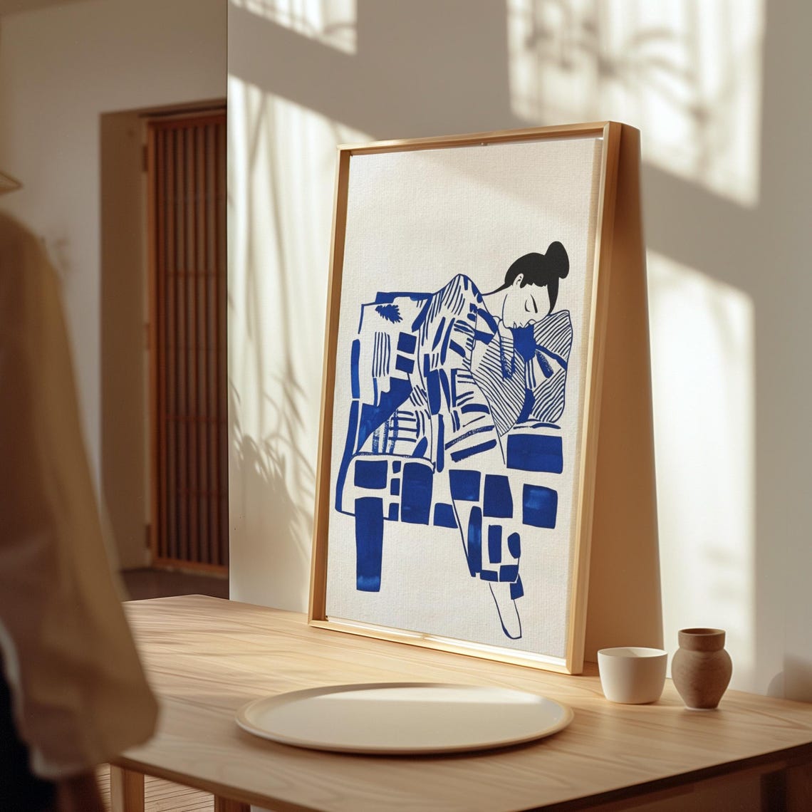 Minimalist Woman Resting, Blue Bedroom Wall Art Print - Image 3