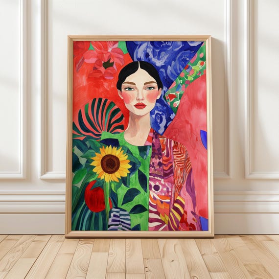 Radiant Portrait With Sunflower Colorful Aquarelle Woman Print Bold Feminine Wall Art