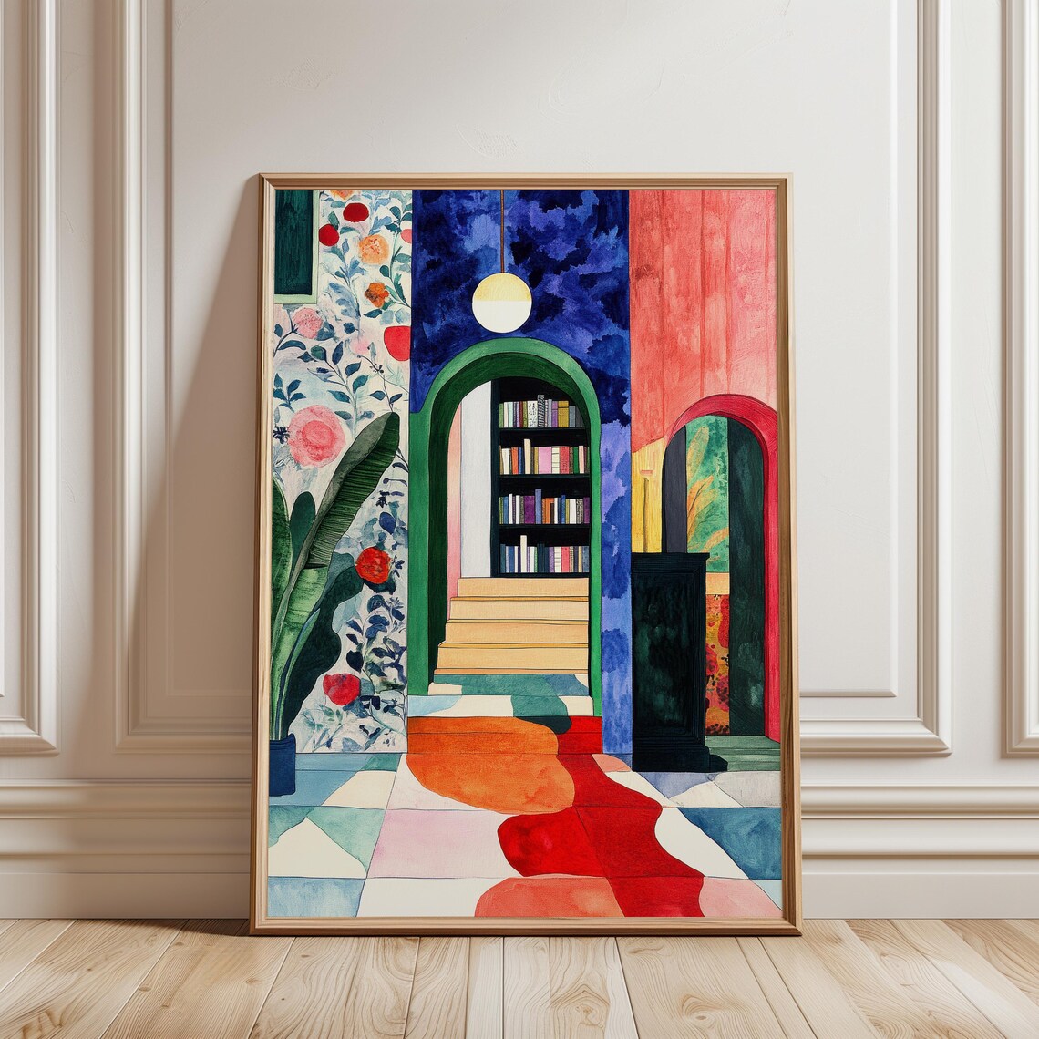 Colorful Interior With Bookshelf And Archways, Modern