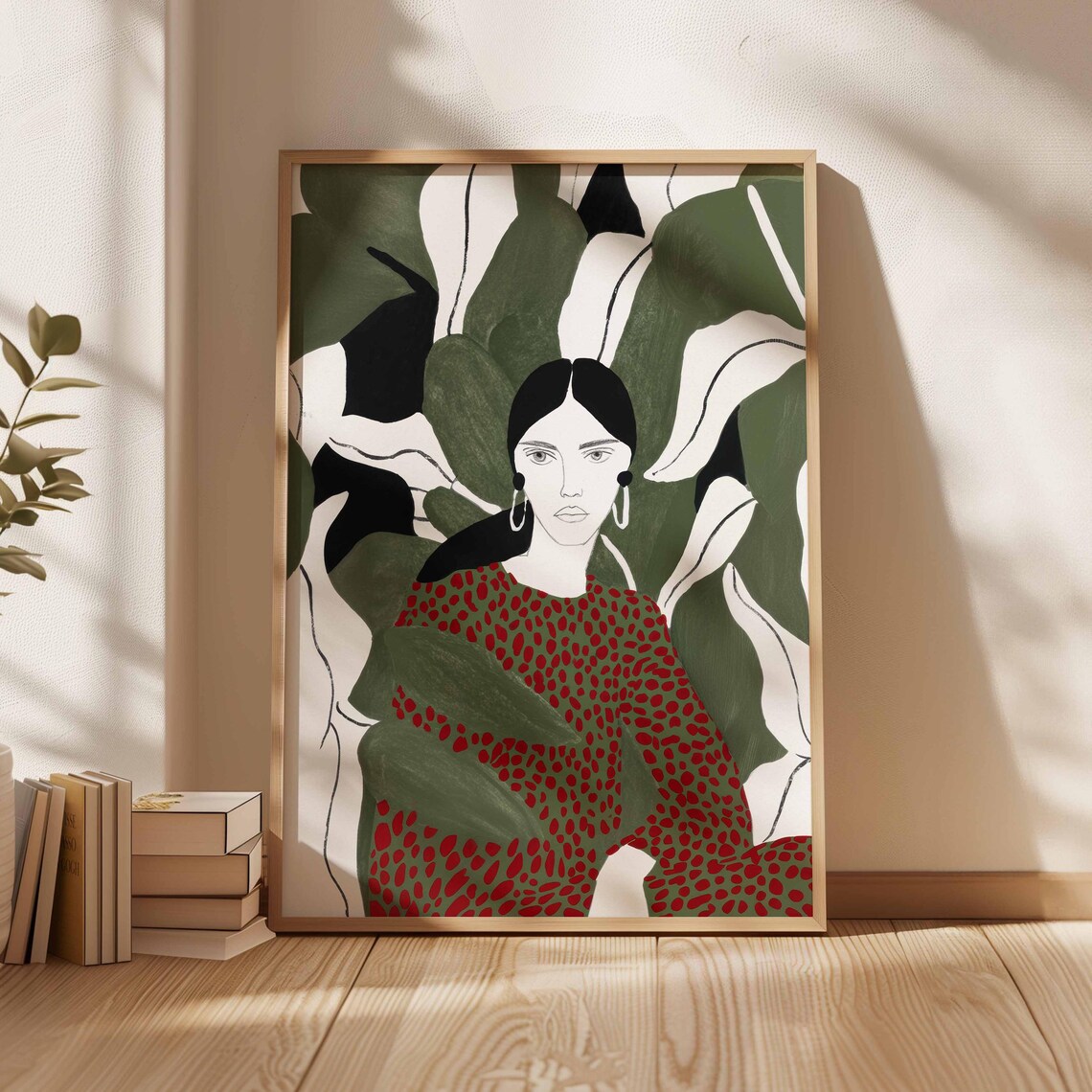Woman In Red Dotted Dress Among Botanical Leaves Minimalist Poster