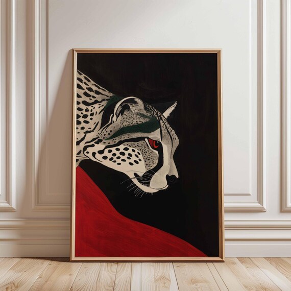 Cheetah In Black And Red Bold Wildlife Wall Art Modern Maximalist Animal Print Vibrant Artwork