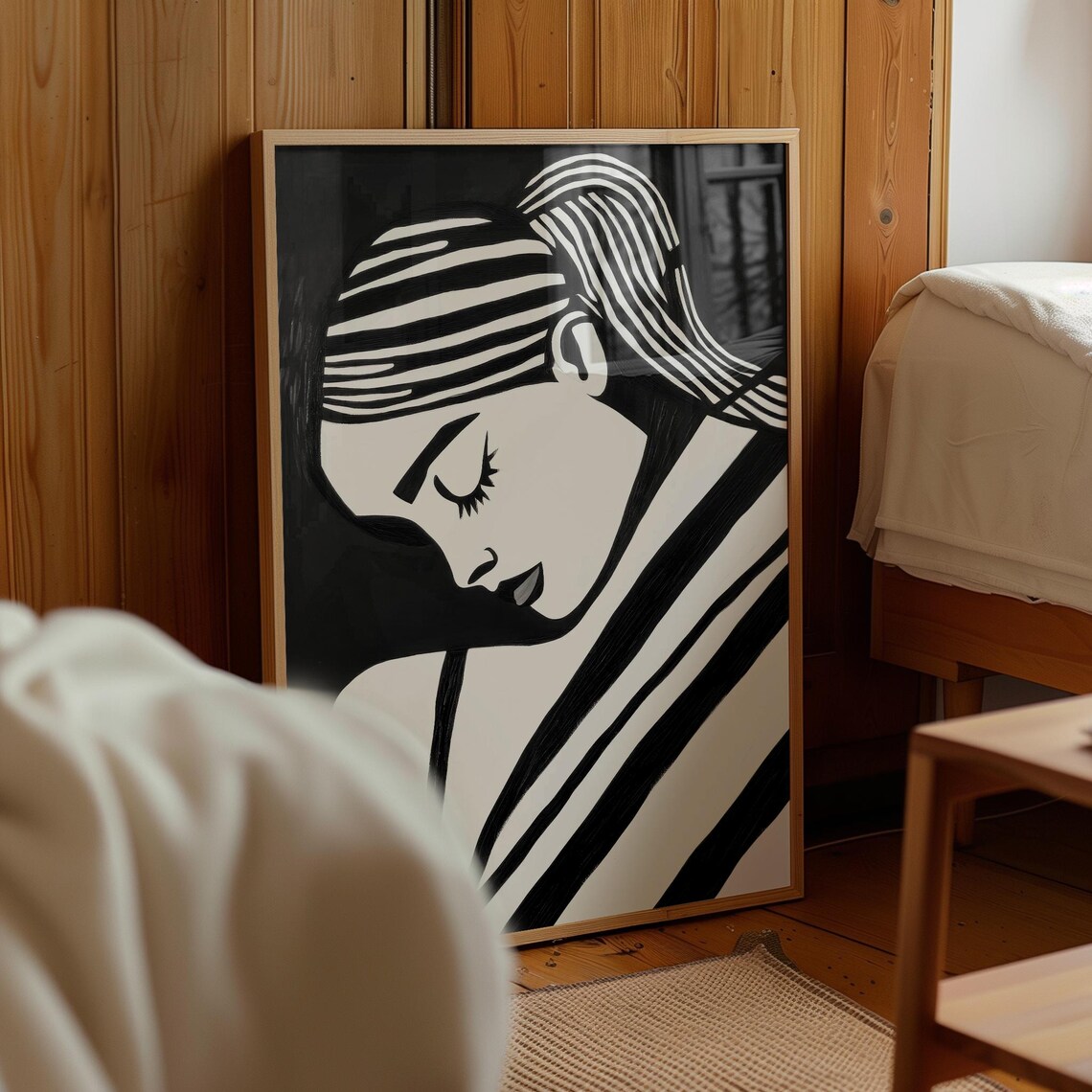 Bold Black White Woman Portrait With Striped Ponytail Poster - Image 3
